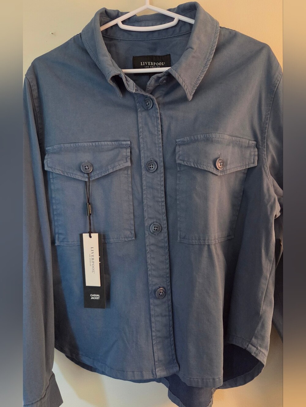 NWT Liverpool Queen Blue Casual Button-Front Cropped Shirt Jacket Size Medium